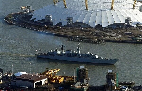 Ships HMS London sails past the Millennium Dome Jan 1999 to her final mooring place