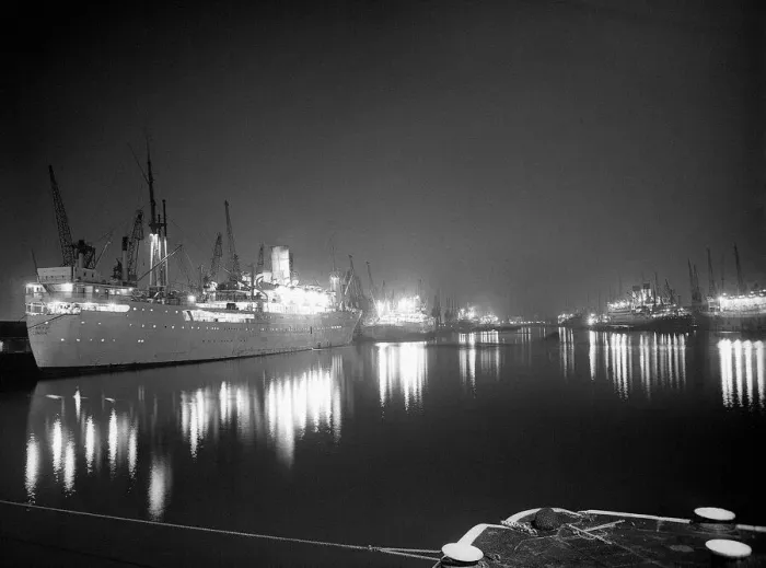 Framed Print : Ships lit up in the strike bound London Docks October 1954 Framed Print : Ships lit up in the strike bound London Docks October 1954