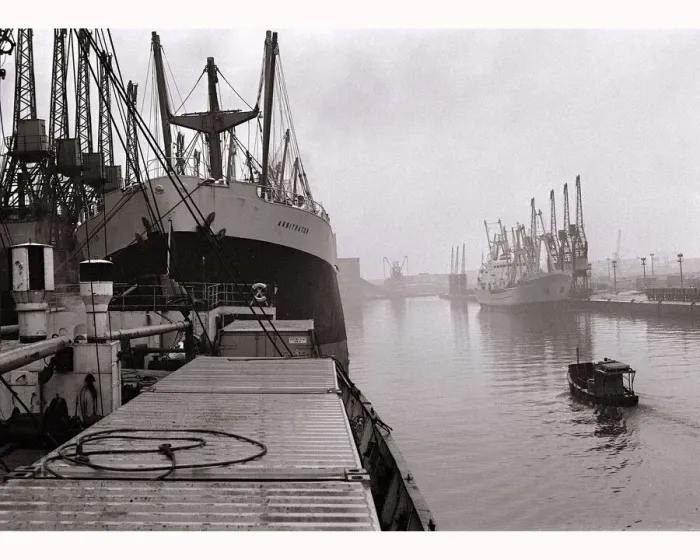 Framed Print : Ships unloading in the docks at Manchester seen through the mist May 1967