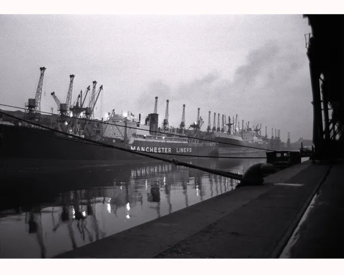 Framed Print : Ships unloading in the docks at Manchester seen through the mist May 1967 Framed Print : Ships unloading in the docks at Manchester seen through the mist May 1967