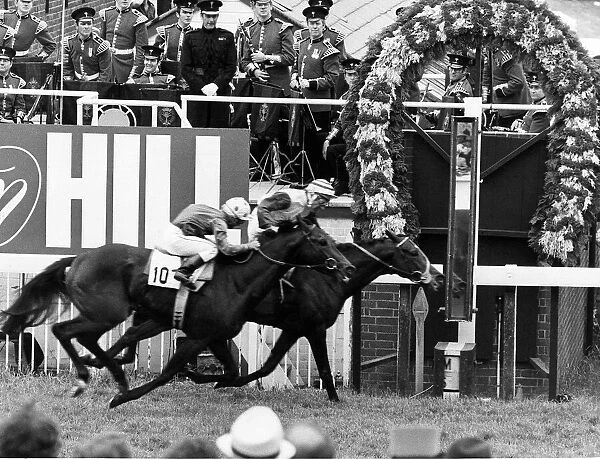 Shirley Heights winner of the Derby with jockey Greville Starkey just ahead of Willie