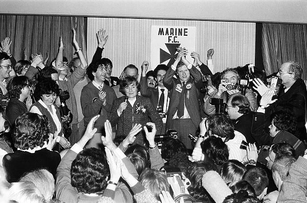 Shirley Williams of the Social Democratic Party celebrates her victory at the Crosby