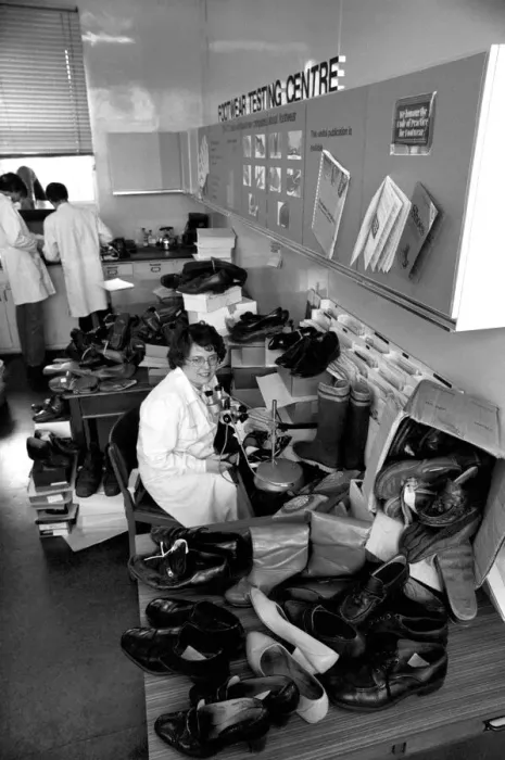 Framed Print : The Shoe Tester: Mrs. Isobel Bingham is a Shoe Inspector employed by the Footwear Testing Framed Print : The Shoe Tester: Mrs. Isobel Bingham is a Shoe Inspector employed by the Footwear Testing