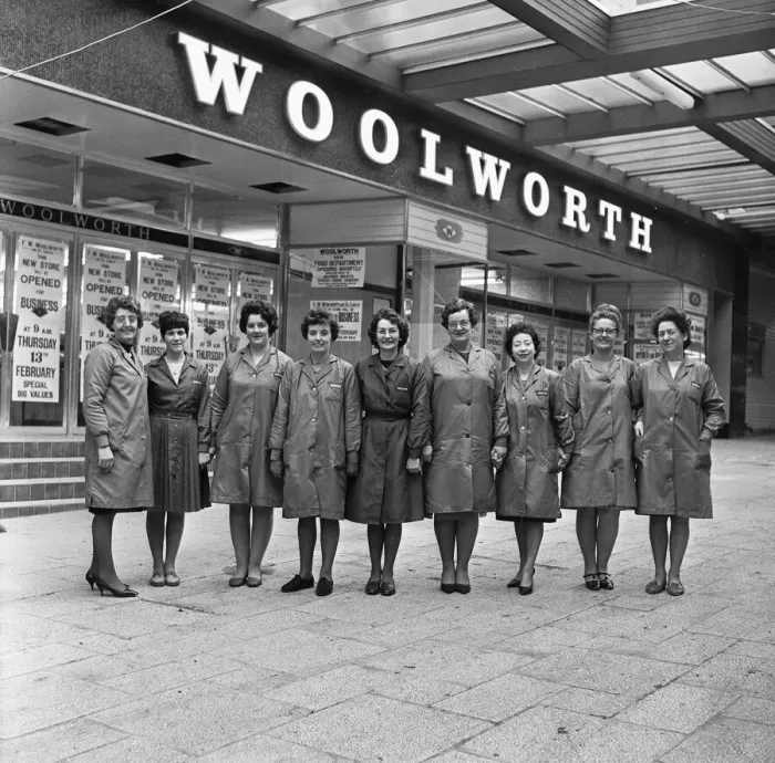 Framed Print : Shop assistants pose outside the New Woolworth store (possibly East Kilbride Framed Print : Shop assistants pose outside the New Woolworth store (possibly East Kilbride