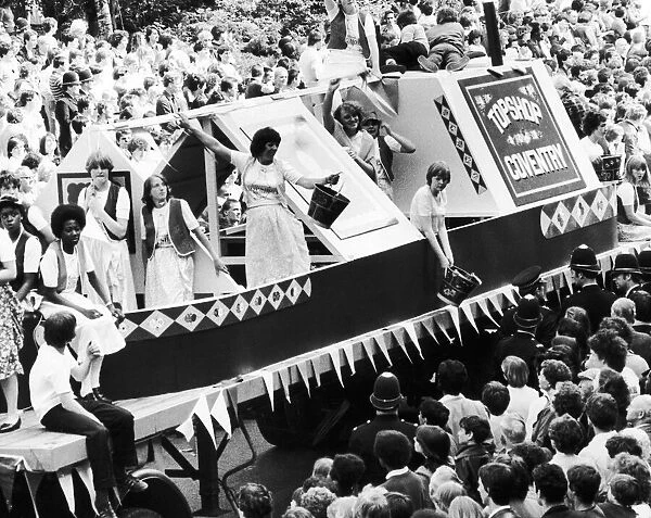 The Top Shop float in the shape of a canal narrow boat seen here taking part in the 1981