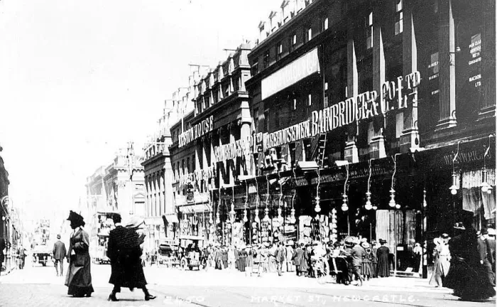 Framed Print : Shoppers throng Market Street in 1912 complete with gas lamps