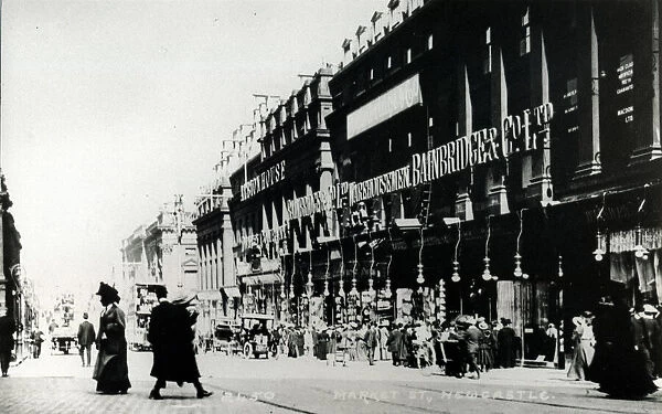Shoppers throng on Market Street, Newcastle, complete with gas lamps, Circa 1912