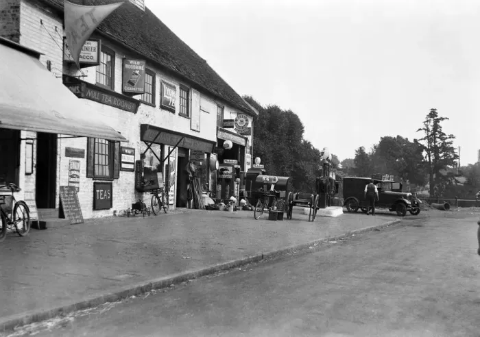 Framed Print : Shops and garage on the Oxford Road, by Old Mill, Denham, Buckinghamshire, Circa 1929