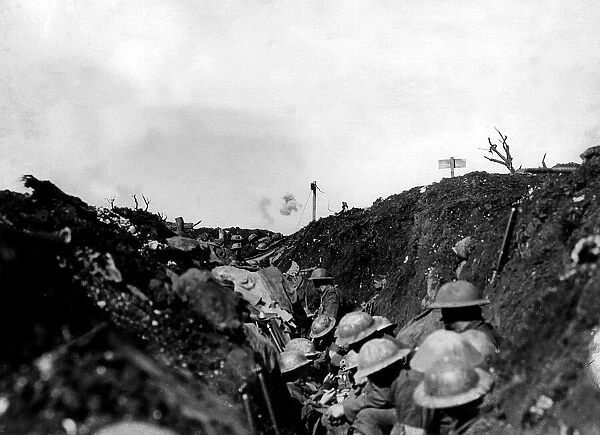 Shrapnel bursting over reserve trench in Canadian line in mid-October of the Somme