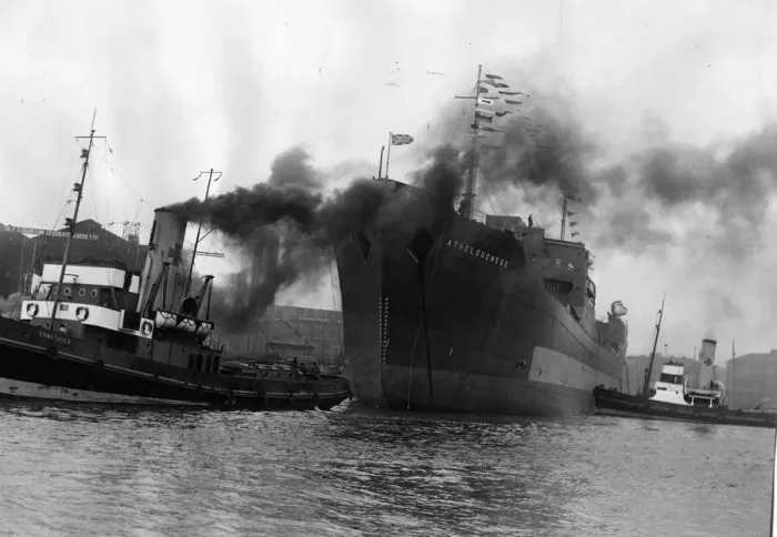 Framed Print : Shrouded by the smoke of the tugs taking charge of her, the tanker Athelduchess is Framed Print : Shrouded by the smoke of the tugs taking charge of her, the tanker Athelduchess is