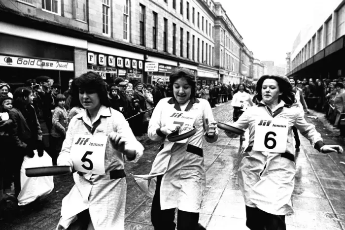 Framed Print : The Shrove Tuesday Jiff Lemons Pancake Race in Clayton Street