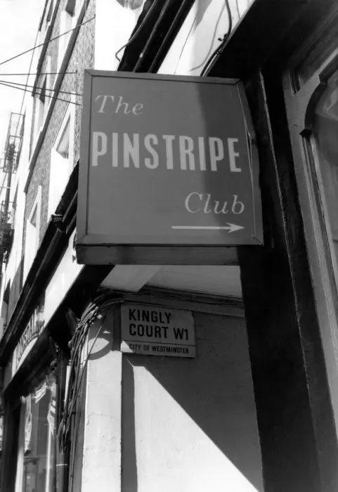 Framed Print : Sign at the entrance to the Pinstripe Club. May 1990 P018537