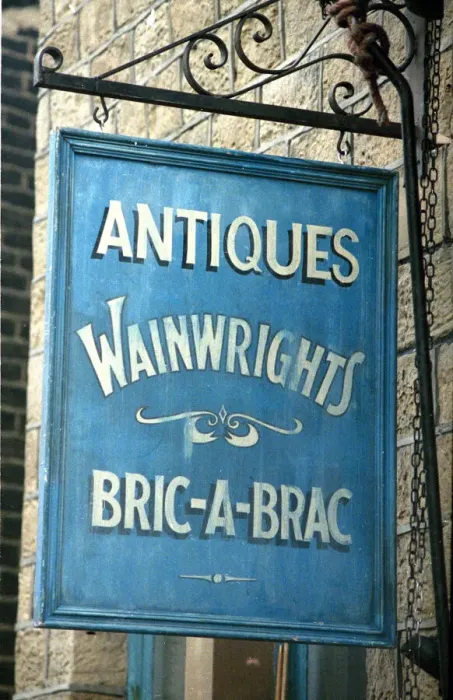 Framed Print : The sign outside Auntie Wainwrights Antique shop in the BBC situation comedy series Framed Print : The sign outside Auntie Wainwrights Antique shop in the BBC situation comedy series