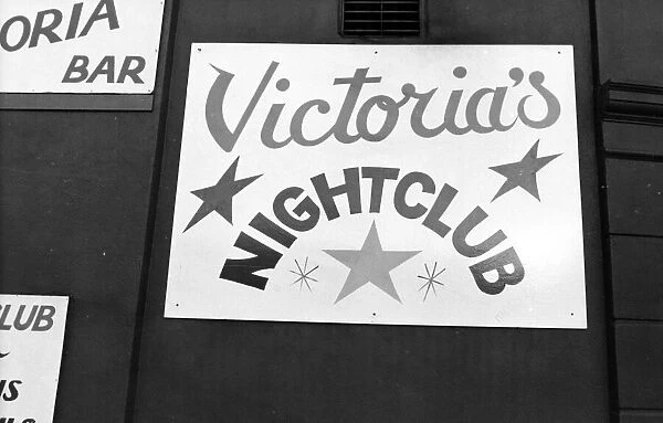 A sign for Victorias Nightclub in Gateshead, Tyne and Wear. Circa 1985
