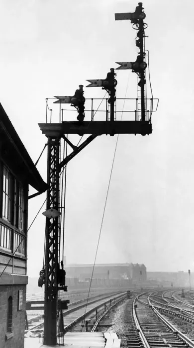 Framed Print : Signals hanging over the railway tracks. March 1963 Framed Print : Signals hanging over the railway tracks. March 1963