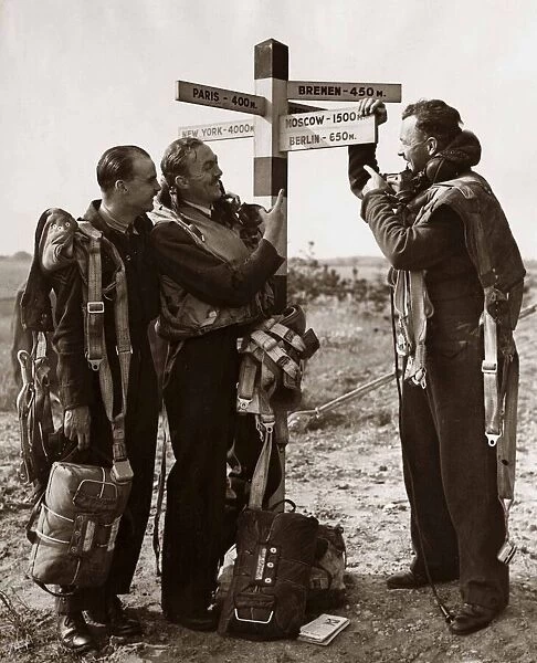 A signpost erected by lancaster pilots on an Aerodrome WW2 RAF