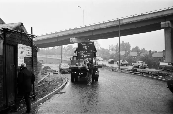 Framed Print : Signs and barriers are being placed at access points on the Gravelly Hill interchange to Framed Print : Signs and barriers are being placed at access points on the Gravelly Hill interchange to