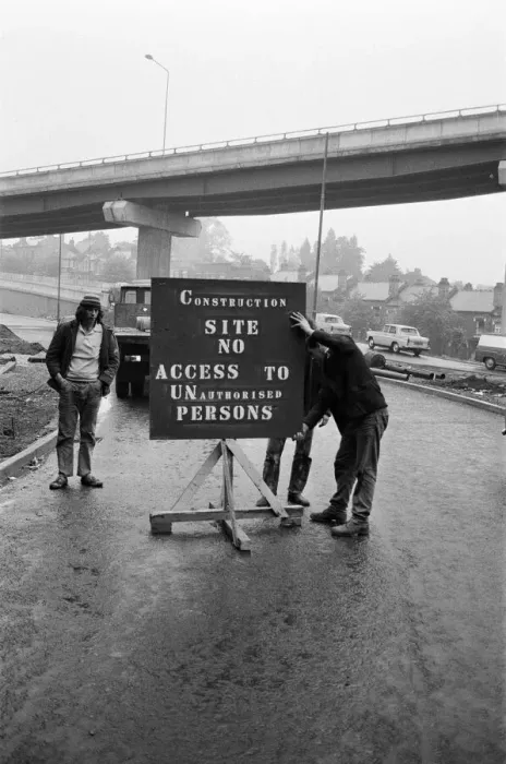 Framed Print : Signs and barriers are being placed at access points on the Gravelly Hill interchange to Framed Print : Signs and barriers are being placed at access points on the Gravelly Hill interchange to