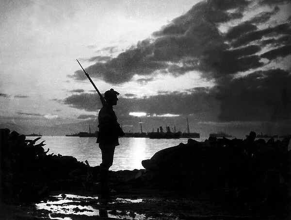 Silhouette of Scottish sentry guarding stores in Salonika during World War One