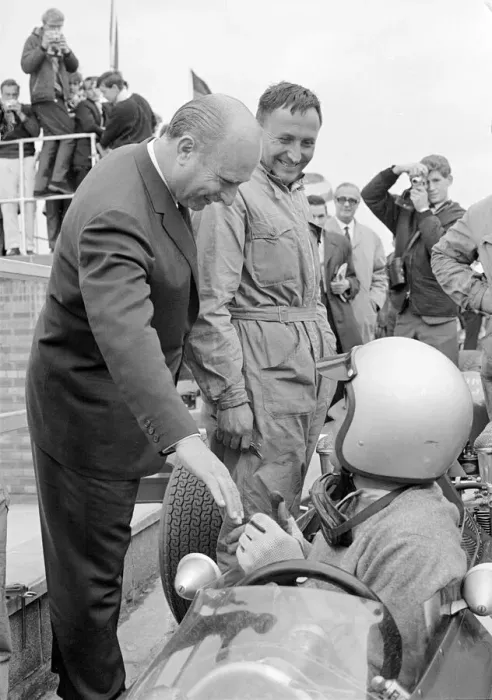 Framed Print : Silverstone Practice Day- Juan Manuel Fangio. July 1965 Framed Print : Silverstone Practice Day- Juan Manuel Fangio. July 1965