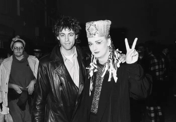 Framed Print : Singer Boy George with Bob Geldof during the Culture Club concert at Wembley Framed Print : Singer Boy George with Bob Geldof during the Culture Club concert at Wembley