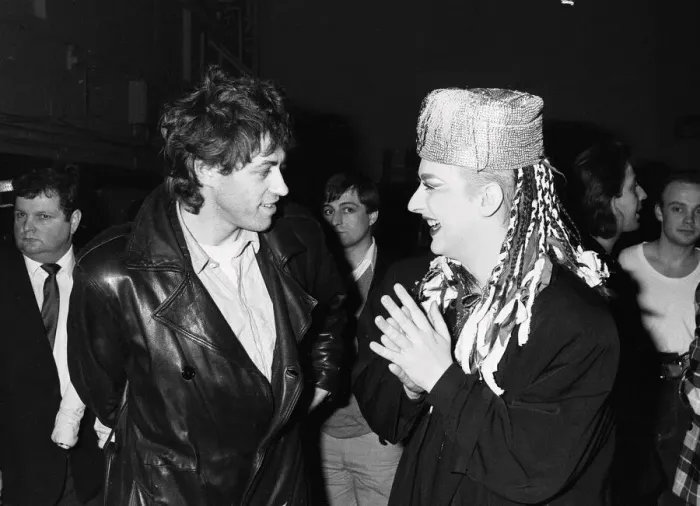 Framed Print : Singer Boy George with Bob Geldof during the Culture Club concert at Wembley Framed Print : Singer Boy George with Bob Geldof during the Culture Club concert at Wembley