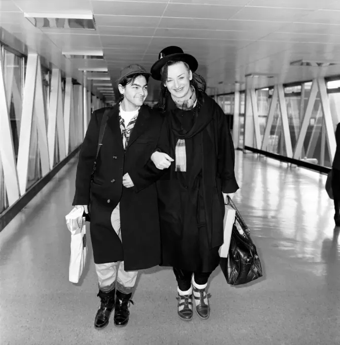 Framed Print : Singer Boy George from the Culture Club group leaving Heathrow airport for New York Framed Print : Singer Boy George from the Culture Club group leaving Heathrow airport for New York