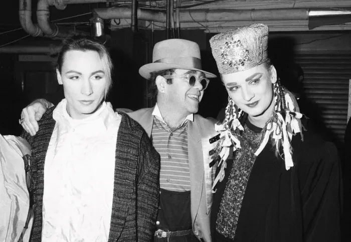 Framed Print : Singer Boy George with with friend Marilyn and Elton John during the Culture Club