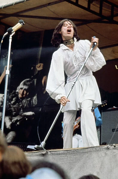 Singer Mick Jagger performing on stage during the Rolling Stones free concert in Hyde