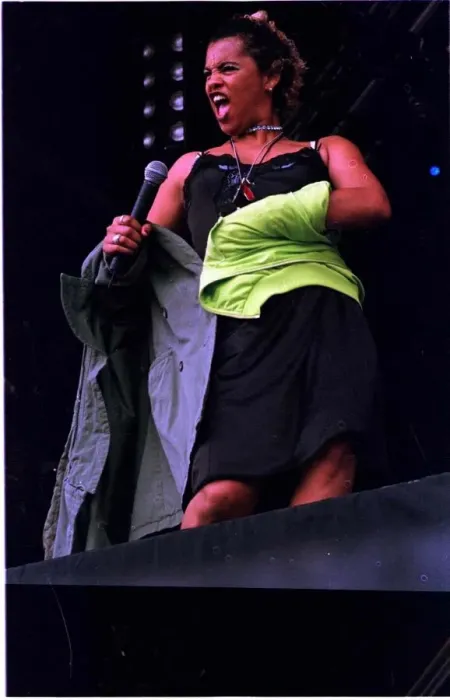 Framed Print : Singer Neneh Cherry July 1997 on stage at T in the Park at Balado airfield near Kinross Framed Print : Singer Neneh Cherry July 1997 on stage at T in the Park at Balado airfield near Kinross