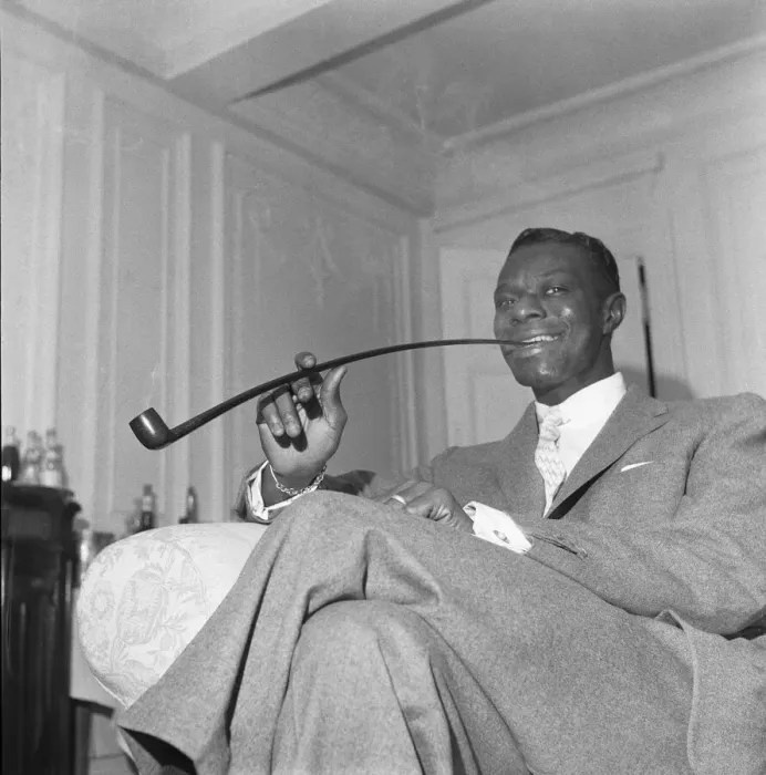 Framed Print : Singer and pipe collector Nat King Cole seen here with his Church Warden pipe in his Framed Print : Singer and pipe collector Nat King Cole seen here with his Church Warden pipe in his