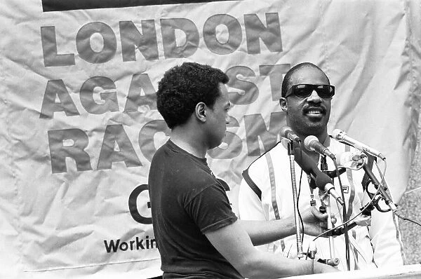 Singer Stevie Wonder addressing the crowd at the GLC London Against Racism rally