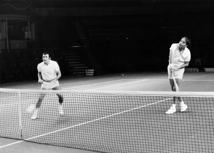 Framed Print : Singer Tony Bennett (left) partners tennis star Pancho Gonzales in a knock-up Framed Print : Singer Tony Bennett (left) partners tennis star Pancho Gonzales in a knock-up