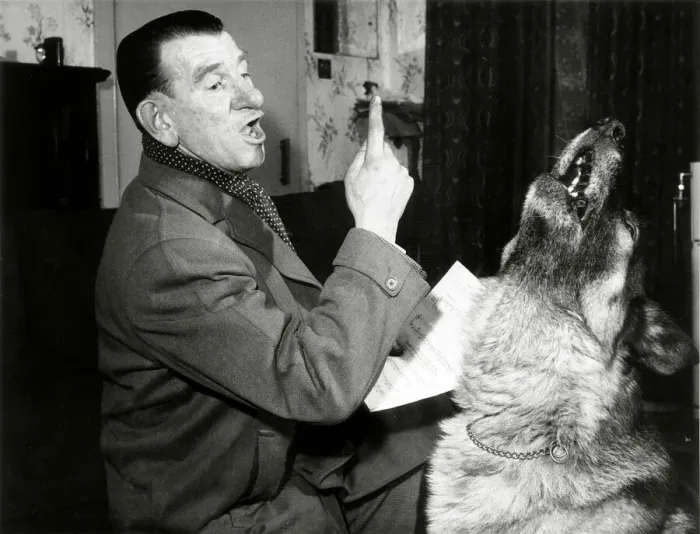 Framed Print : Singing Alsatian Dog Mac with his owner and manager John McQueen Framed Print : Singing Alsatian Dog Mac with his owner and manager John McQueen