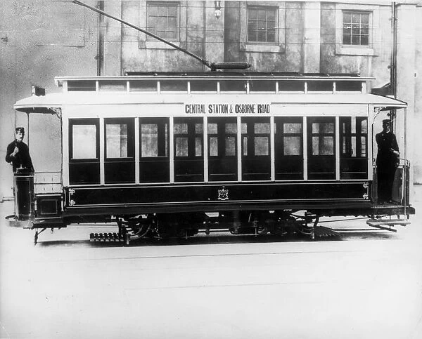 A single deck tram tramcar in 1901 about to travel from Central Station in Newcastle to