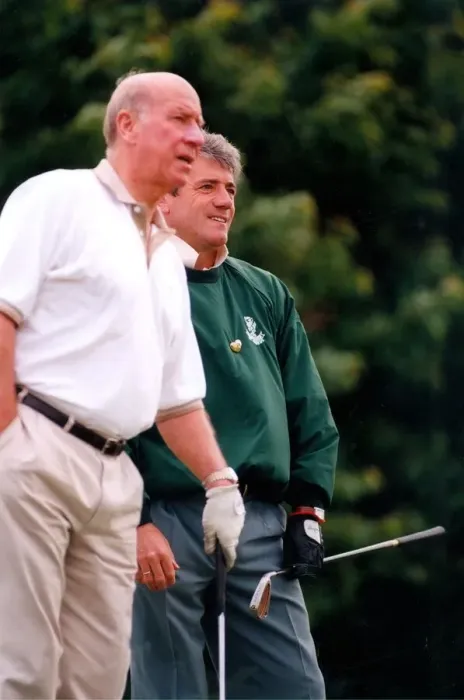 Framed Print : Sir Bobby Charlton and Kevin Keegan discuss how to play the next hole at the City of Framed Print : Sir Bobby Charlton and Kevin Keegan discuss how to play the next hole at the City of