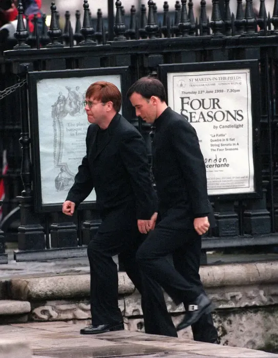 Framed Print : Sir Elton John and David Furnish at memorial service 1998 for Linda McCartney Framed Print : Sir Elton John and David Furnish at memorial service 1998 for Linda McCartney