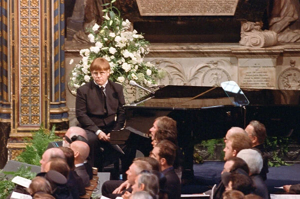 Sir Elton John at the funeral of Diana, Princess of Wales at Westminster Abbey, London