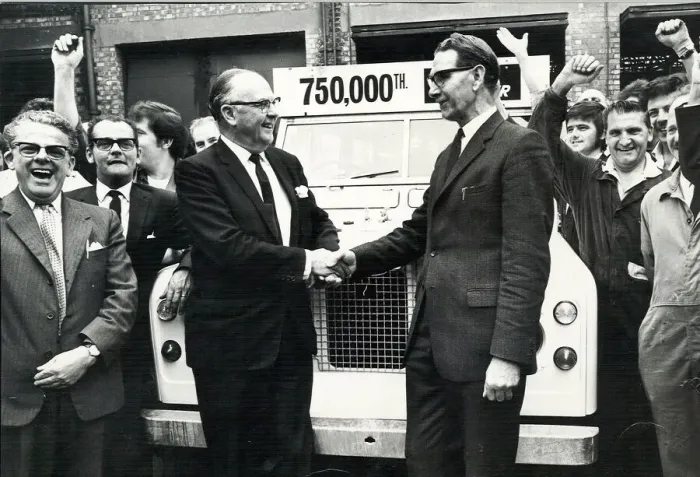 Framed Print : Sir George Farmer congratulating production manager Mr James Lawrence as the 750 Framed Print : Sir George Farmer congratulating production manager Mr James Lawrence as the 750