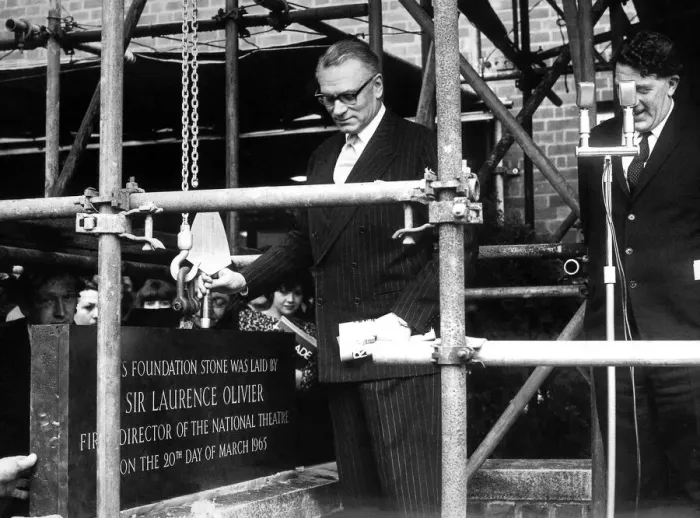 Framed Print : Sir Laurence Olivier formerly lays the foundation stone at the Belgrade Theatre watched