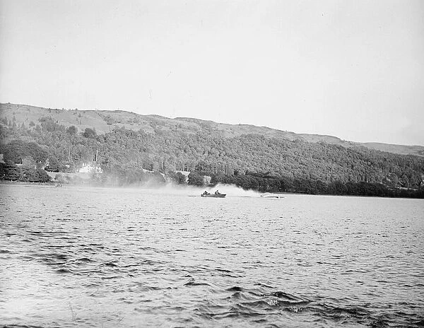 Sir Malcolm Campbell conducts speed trials of his boat Bluebird on Coniston Water, 1947