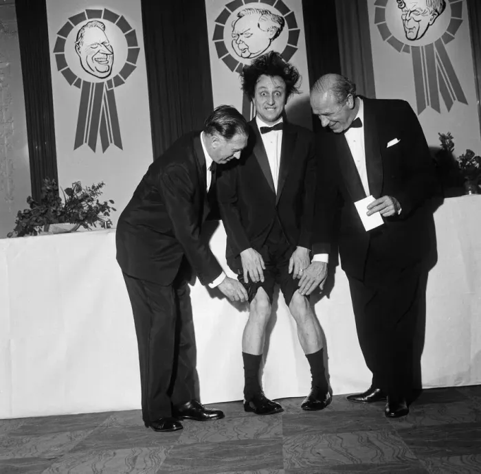 Framed Print : Sir Matt Busby with Joe Mercer and Ken Dodd at Daily Mirror Election Night dinner