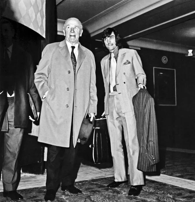 Framed Print : Sir Matt Busby Manager of Manchester United today accompanied George Best to appeal