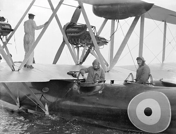 Sir S. Hoare and Sir J. Salmond on the new 'secret'flying boat at Cromer 1925