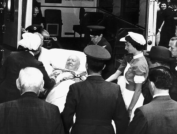 Sir Winston Churchill arriving at a private patients entrance of the Middlesex Hospital