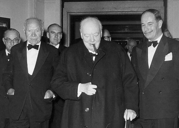 Sir Winston Churchill with Lord Beaverbrook leaving official dinner - June 1958