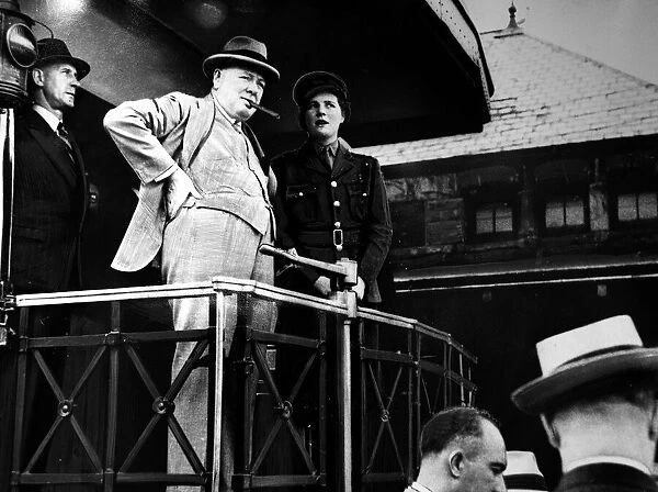 Sir Winston Churchill seen here aborad a railway carriage near Niagara Falls Canada