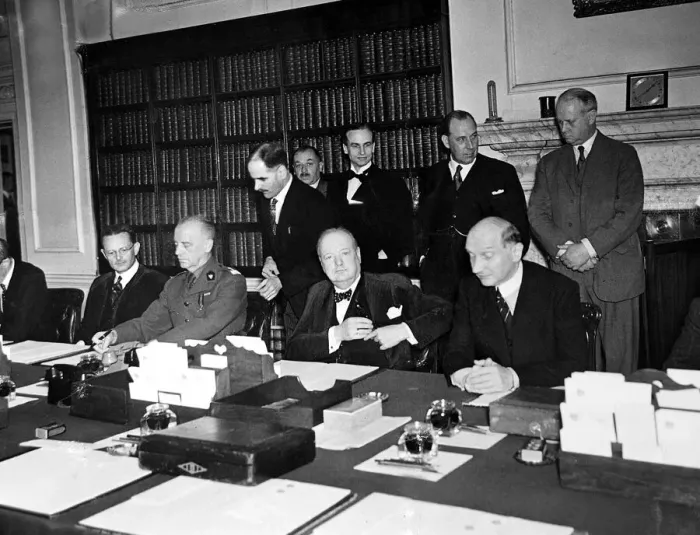 Framed Print : Sir Winston Churchill seen here signing an agreement between Great Britain