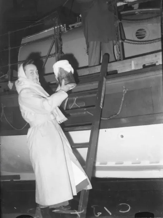 Framed Print : Sister Clevely stepping aboard the SENNEN lifeboat january 1952 C134 / 2 Framed Print : Sister Clevely stepping aboard the SENNEN lifeboat january 1952 C134 / 2