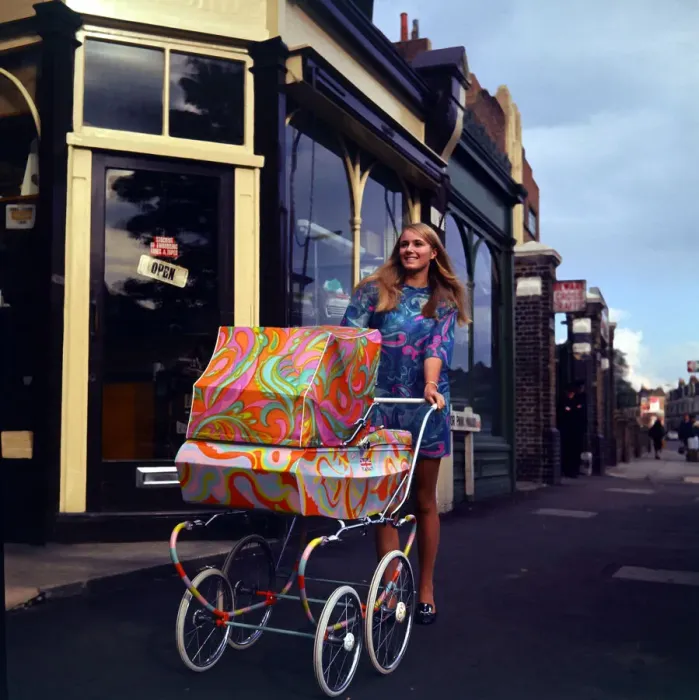 Framed Print : Sixties Fashion 1960s clothing Pschedelic paisley pram with Framed Print : Sixties Fashion 1960s clothing Pschedelic paisley pram with